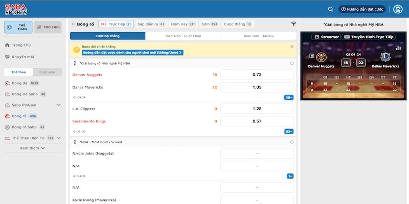 Đặt cược bóng rổ đa dạng tại SABA